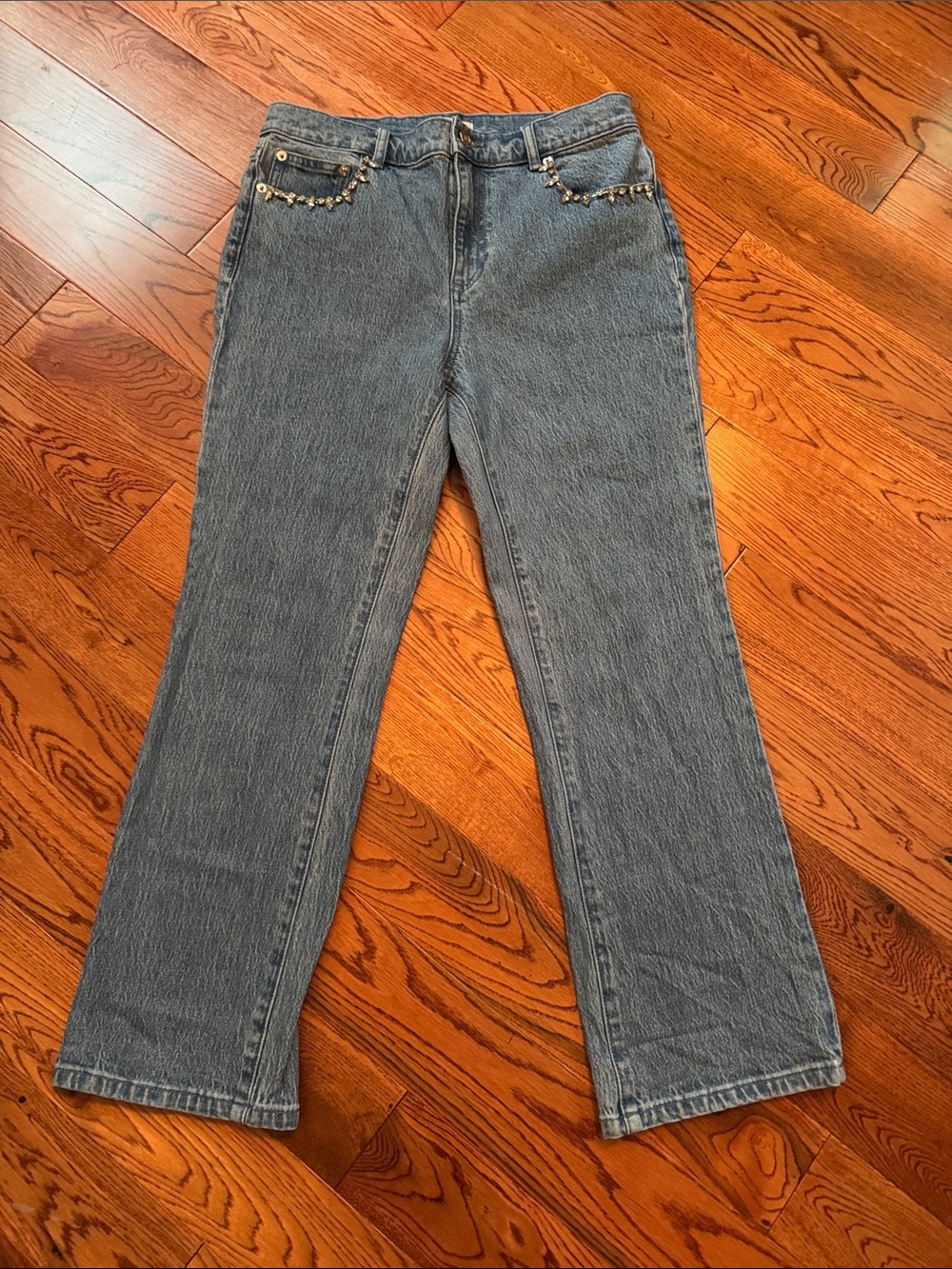 Milly Light Blue Straight-Leg Jeans with Rhinestone Pocket Detail
